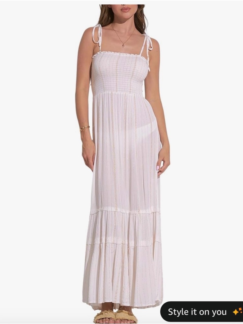 Elan White Smocked Tie-Shoulder Maxi Dress